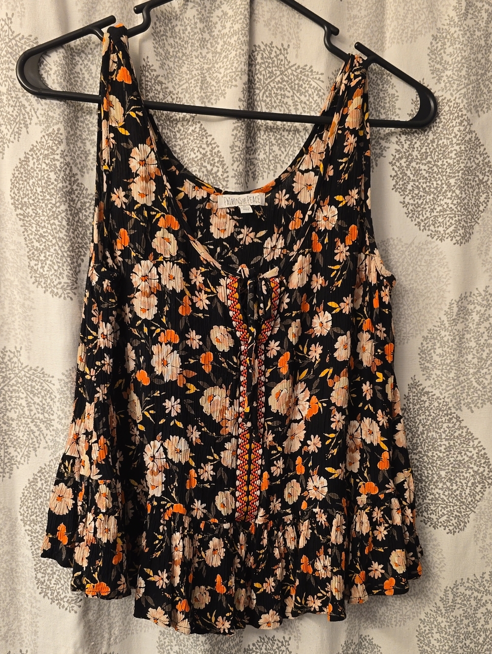 Patrons of Peace Black Floral Tie-Front Tank with Cream & Orange Blooms